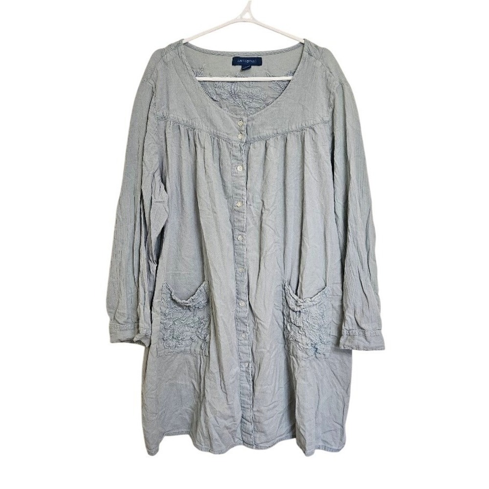 April Cornell Light Blue Embroidered Cotton Flax Tunic Button Down Top 2X